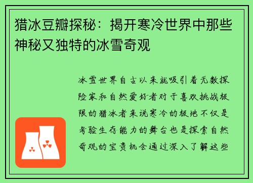 猎冰豆瓣探秘：揭开寒冷世界中那些神秘又独特的冰雪奇观